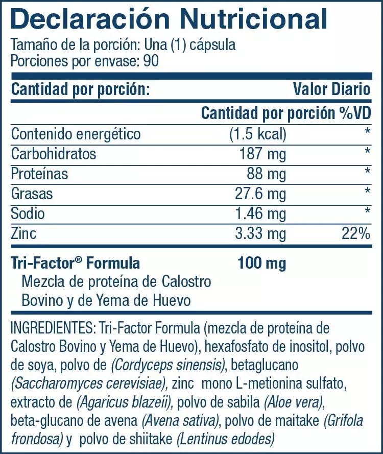 Declaración nutricional 4Life Transfer Factor Plus Tri-Factor Formula